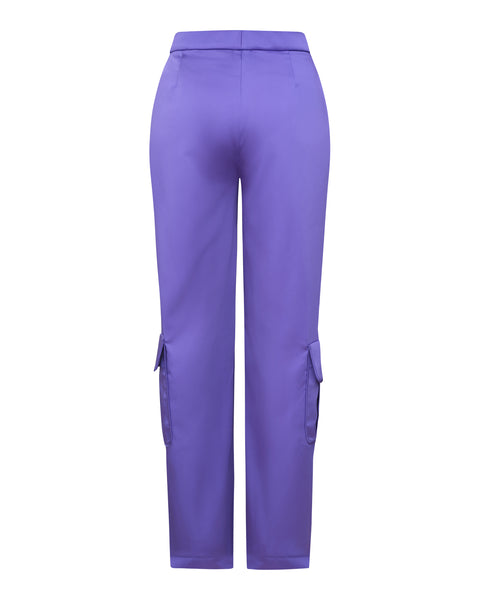 Pantalon cargo taille haute satiné violet