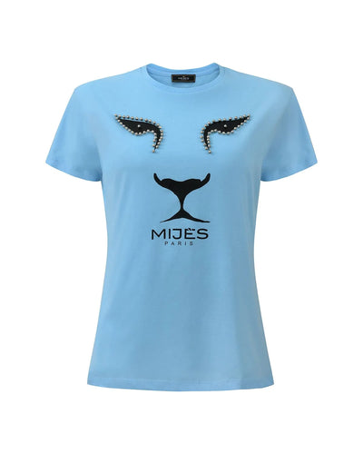 Tee-shirt bleu ciel avec lion noir à perles