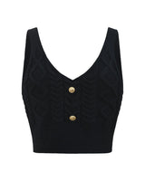 CROP-TOP EN LAINE NOIR BOUTON DORÉS
